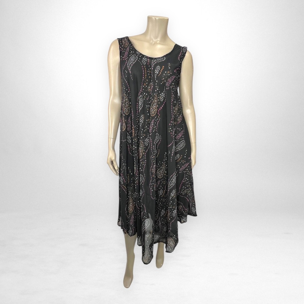 Vintage 90s Black Paisley Floral Print Midi‎ Dress One Size